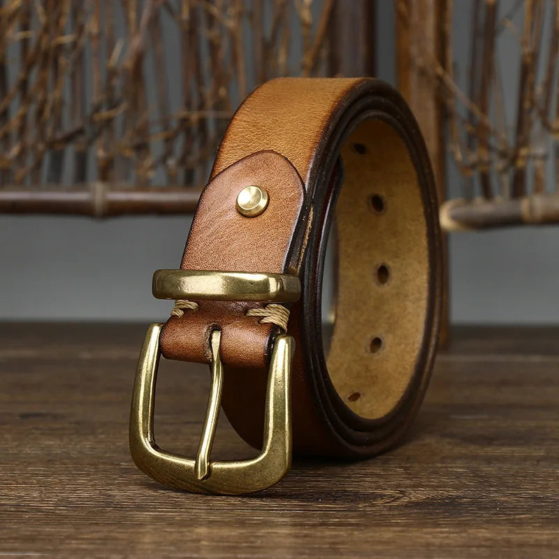 3.3CM Thick Pure Cowhide Copper Buckle Genuine Leather Casual Jeans Belt Men High Quality Retro Luxury Brand Male Strap Cintos