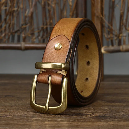 3.3CM Thick Pure Cowhide Copper Buckle Genuine Leather Casual Jeans Belt Men High Quality Retro Luxury Brand Male Strap Cintos