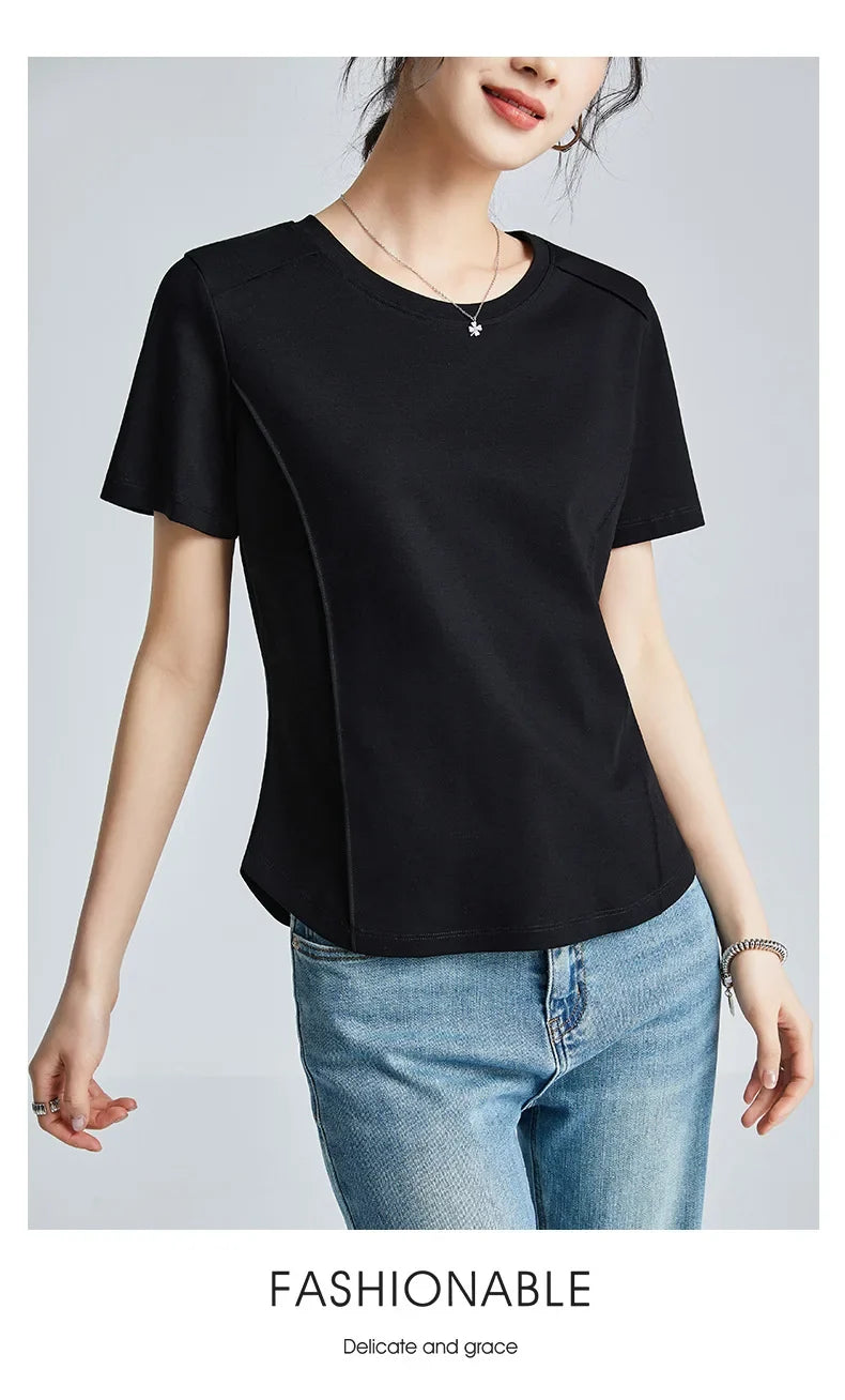 Summer Women's White Mercerized Cotton T-Shirt | 3D Stitching Round Neck Basic Top | Plus Size Slim Fit Layered Casual Blouse