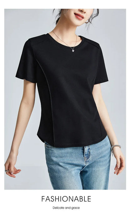 Summer Women's White Mercerized Cotton T-Shirt | 3D Stitching Round Neck Basic Top | Plus Size Slim Fit Layered Casual Blouse