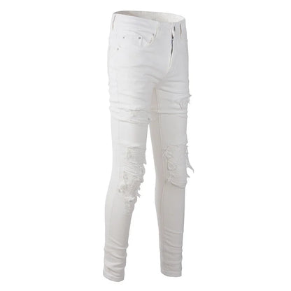 Men's White Stretch Ripped Biker Jeans Slim Skinny Pleated Patchwork Denim Pants