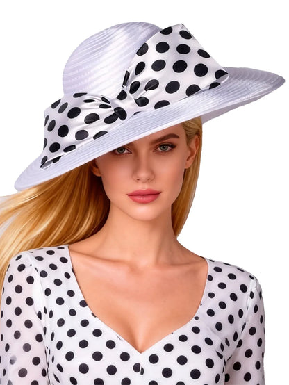 Elegant Women Wide Brim Rose Black Patchwork Polka Dots Kentucky Hat For Wedding Party Hat Big Bowknot Fedora Beach Cap