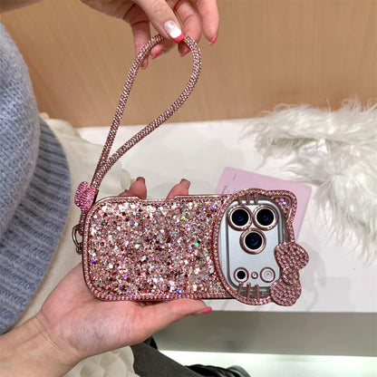 Cute Camera 3D Hellokitty Luxury Glitter phone case for iPhone 17 11 12 13 14 15 plus 16 Pro Max Fundas With Chain Shockproof Ca