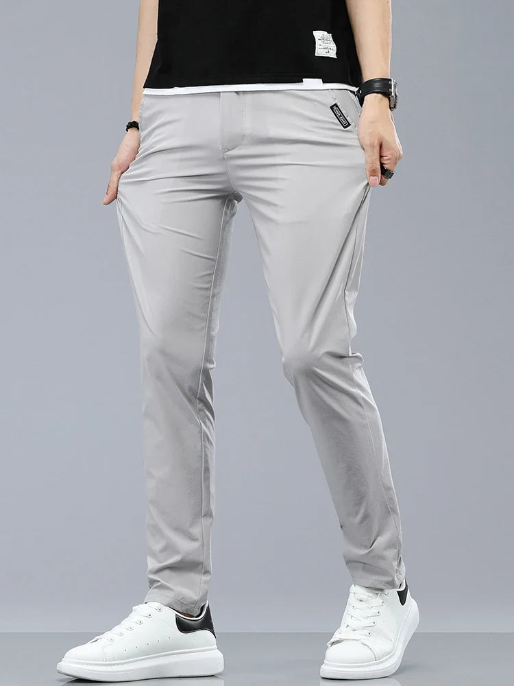 Ice Silk Cool Summer Casual Pants for Men Slim Fashion Stretch Business Korean Trousers Brand Clothing Luxury Men's Pants