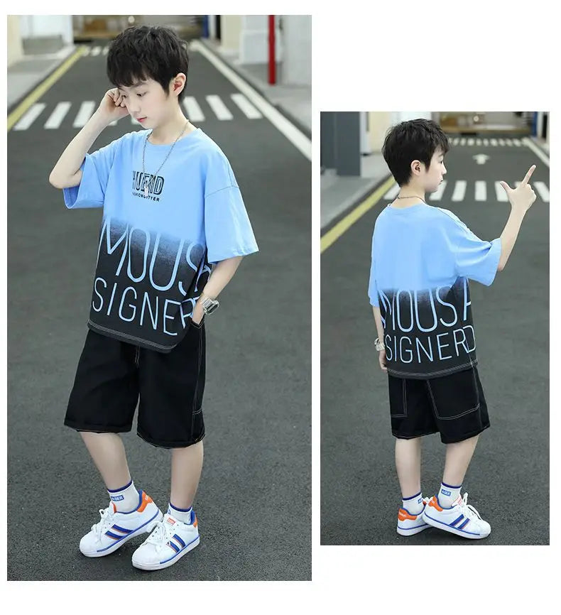 Summer Boys Cotton Contrast Alphabet t-Shirt Tops+Denim Shorts Pant School Kids Tracksuit Child 2PCS Outfit Workout Set 5-16 Yrs