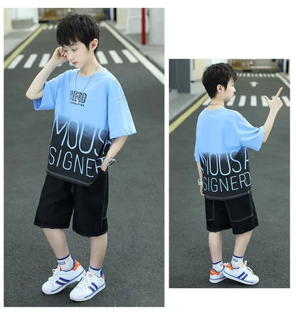 Summer Boys Cotton Contrast Alphabet t-Shirt Tops+Denim Shorts Pant School Kids Tracksuit Child 2PCS Outfit Workout Set 5-16 Yrs