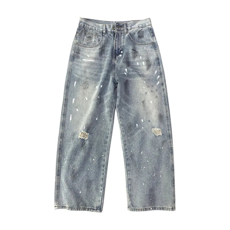 Korean Men'S Splashed Ink Jeans Casual Loose High Street Summer Ripped Denim Pants Retro Graffiti Straight Leg Pants