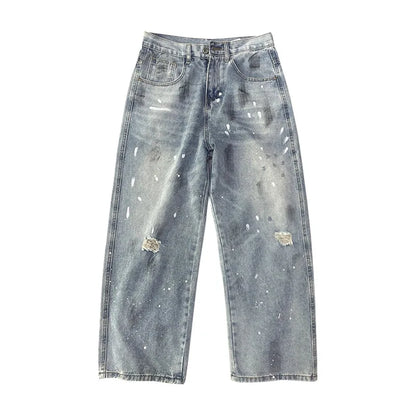Korean Men'S Splashed Ink Jeans Casual Loose High Street Summer Ripped Denim Pants Retro Graffiti Straight Leg Pants