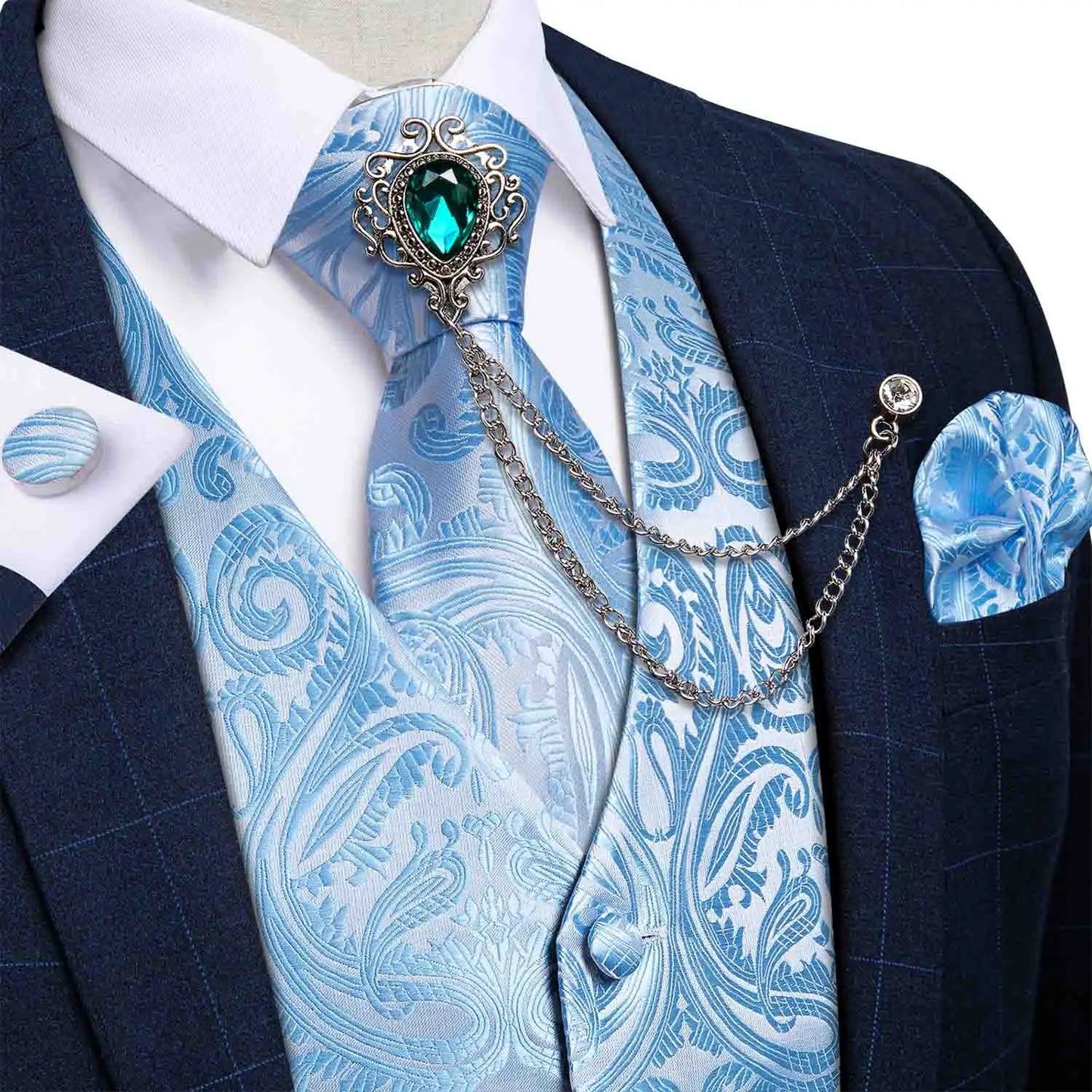 New Teal Green Paisley Formal Dress Vest Men's Suit Vest Waistcoat Tie Brooch Pocket Square Set for Tuxedo