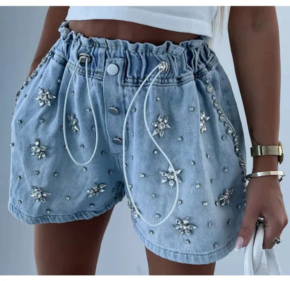 Denim Shorts for Women Streetwear Fashionable and Casual Rhinestone Versatile Y2k Cowboy Half Pants for Female Summer 2024 New