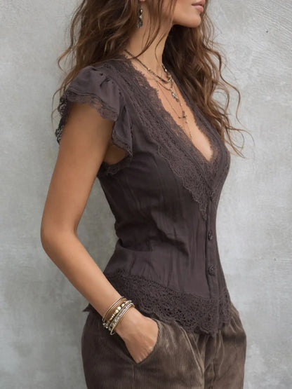 Women Boho Deep V Lace Trim Flutter Sleeve Chiffon Blouse, Sheer Tie Waist Vintage Cropped Vacation Top