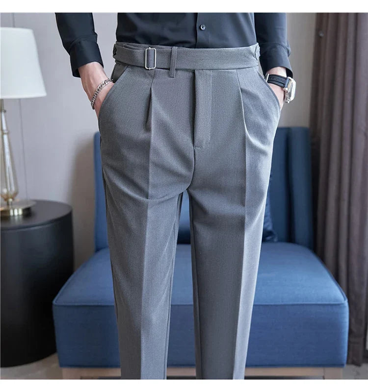 2026 Texture Naples Men's Solid Color Casual Pants Fashion Belt Design Slim Fit Suit Pants Formal Wear Wedding Social Trousers