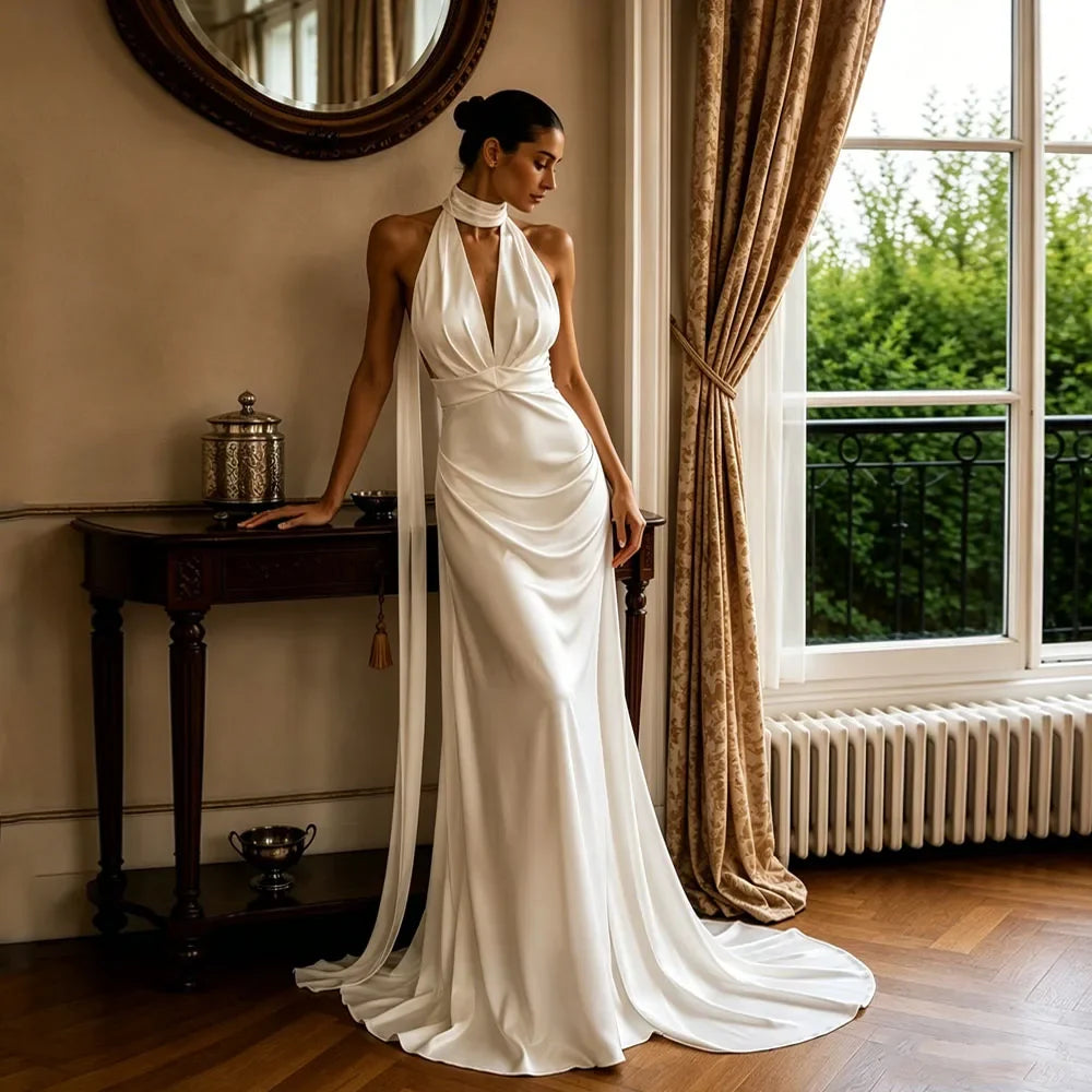 Halter Neck Satin Mermaid Wedding Dress Deep V Neck Backless Bridal Gown Long Ribbon Civil Wedding Reception Dress Customized
