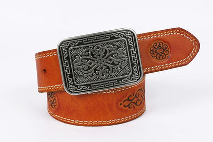 3.8cm Chinese Pattern Cowboy Smooth Buckle Men's Belt Ceinture Homme Yellow Belt Male Wide Jeans Men Genuine Leather Belt