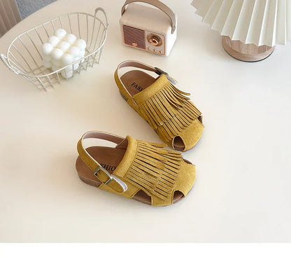 2025 Summer New Girls' Sandals Korean Style Tassel Princess Shoes Frosted Leather Hollow Sandals Comfortable 23-31