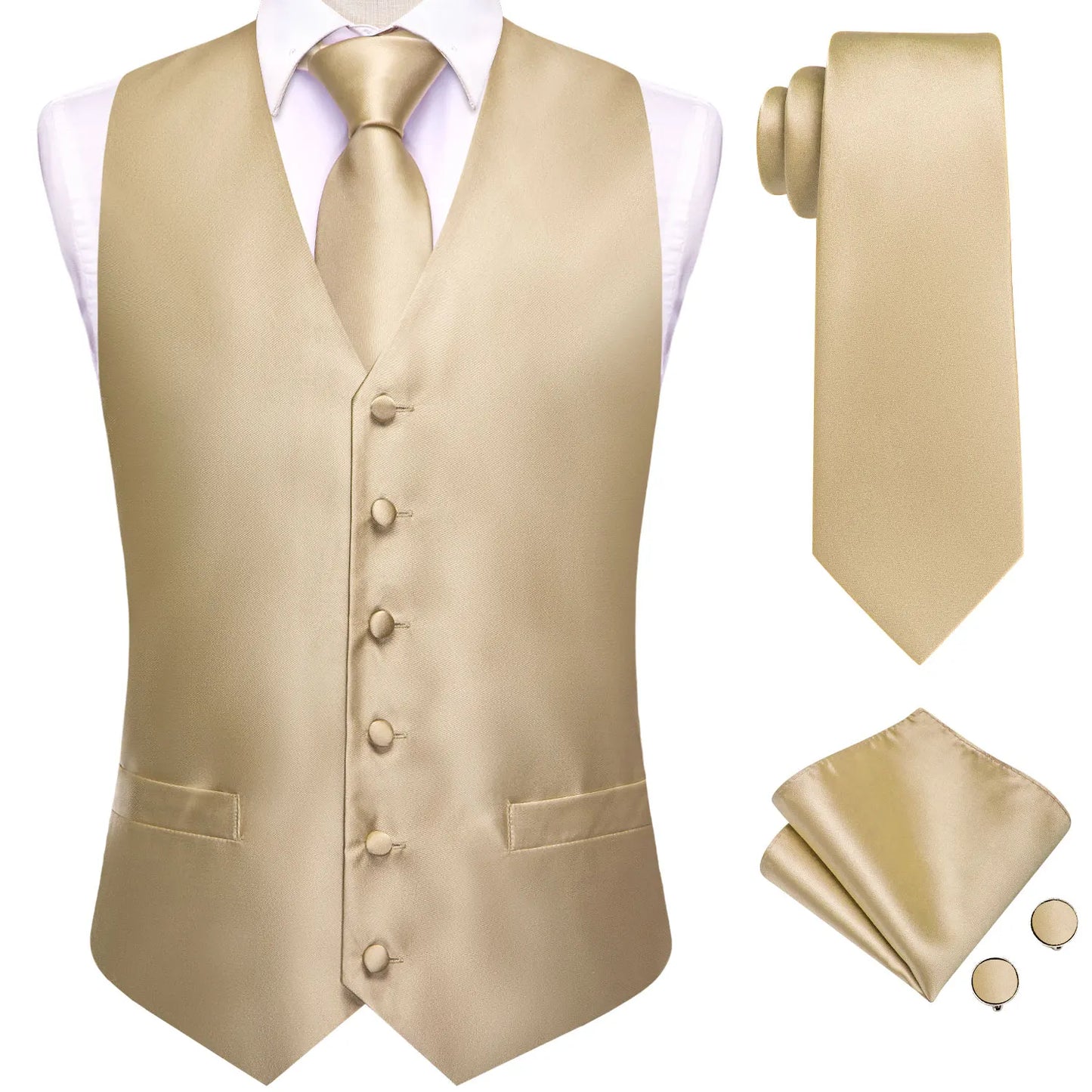 Silk Mens Suit Vests 4PC Woven Sage Green Solid Waistcoat Tie Pocket Square Cufflinks Business Wedding Dress Waist Jacket