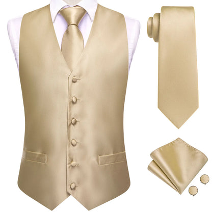 Champagne Mens Vest Tie Set Fashion Paisley Jacquard Western Waistcoat Necktie Hanky Cufflinks Wedding Business Gift Hi-Tie
