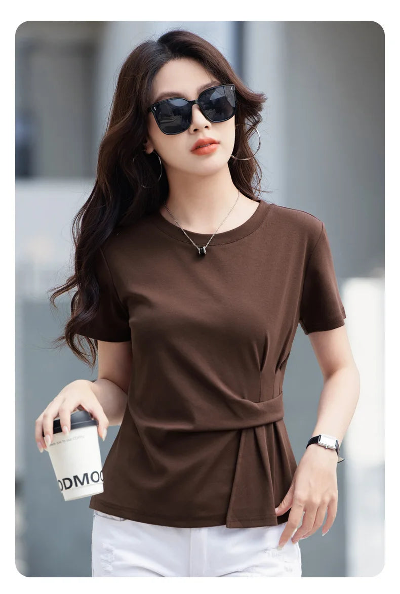 Women's summer new cotton irregular top short sleeved round neck casual women's short sleeved top T-shirt