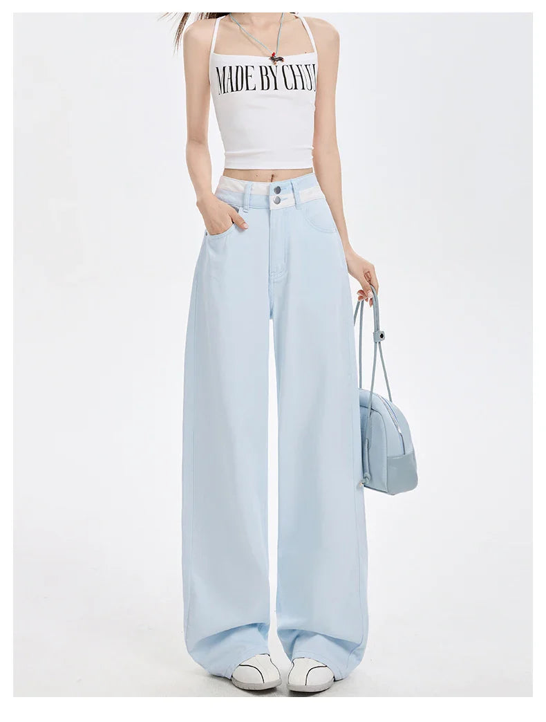 Loose Casual Wide Leg Denim Pants Summer New Thin 100% Cotton Women's High Waist Y2K Contrast Stitching All Match Baggy Jeans