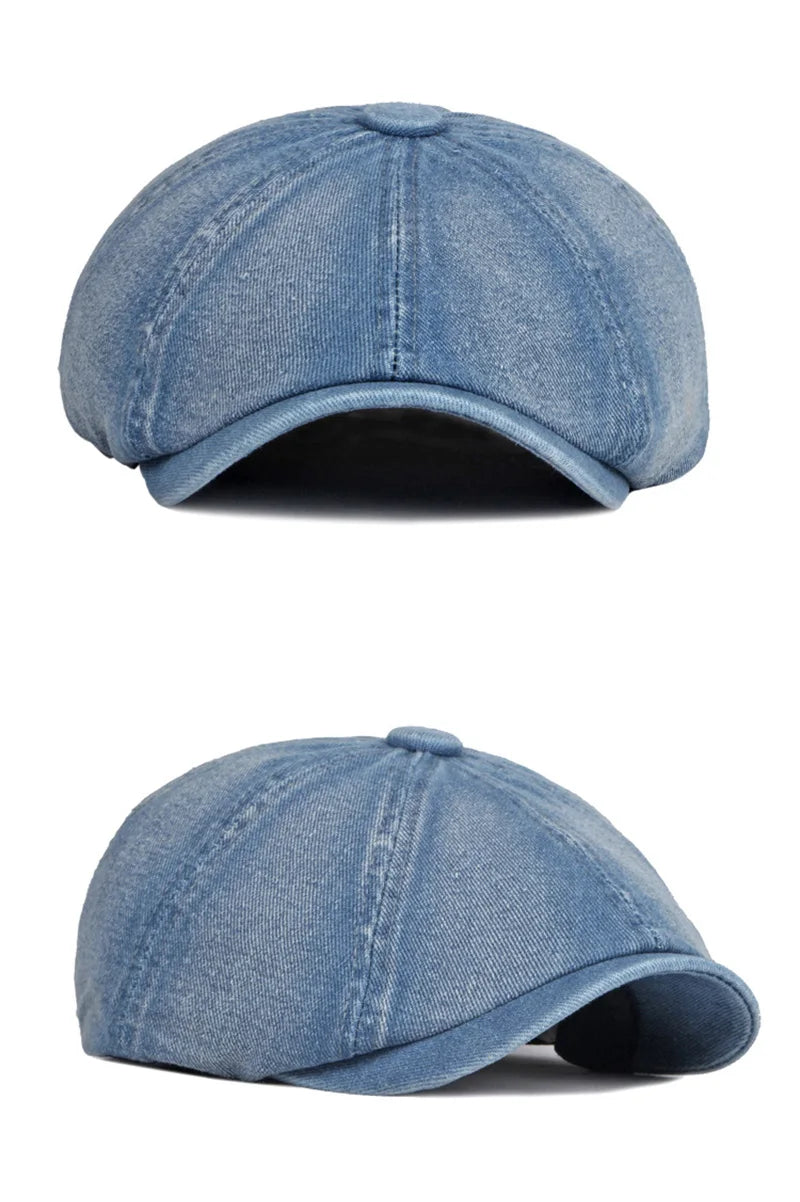 Men's Octagonal Hat Casual Solid Eight-blade Berets Washed Denim Newsboy Cap Women Painters Hat Peaked Herringbone Flat Cap