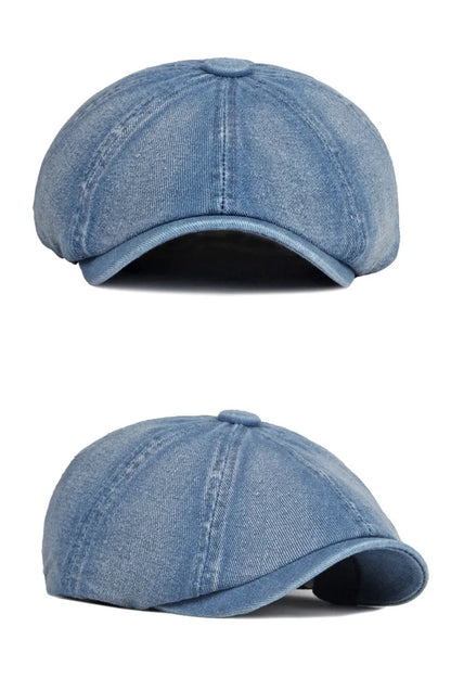 Men's Octagonal Hat Casual Solid Eight-blade Berets Washed Denim Newsboy Cap Women Painters Hat Peaked Herringbone Flat Cap