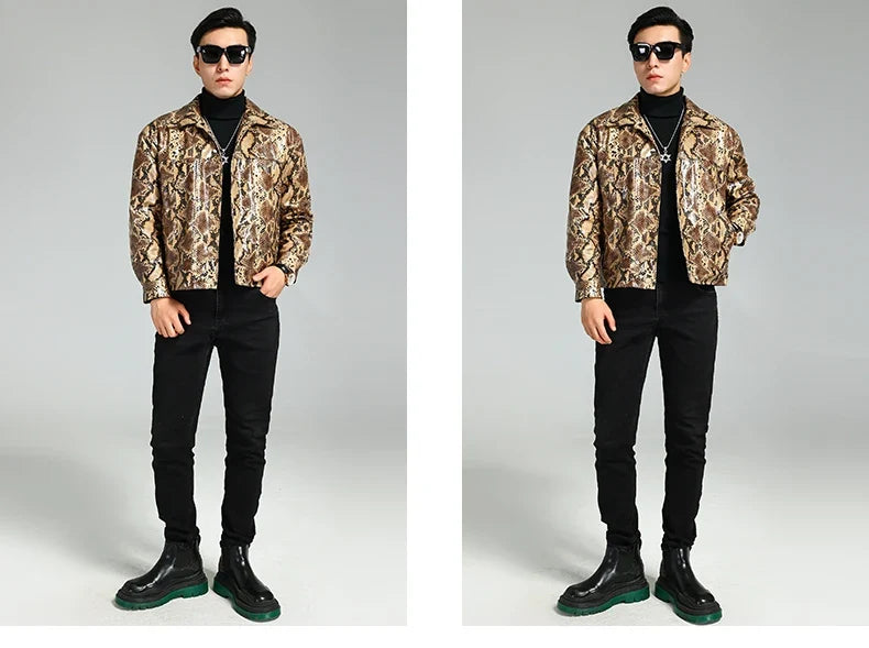 Autumn Short Handsome Cool Colorful Snakeskin Print Pu Leather Jacket Men Luxury European Style Clothes 2023 EU Size