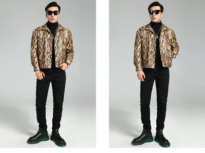 Autumn Short Handsome Cool Colorful Snakeskin Print Pu Leather Jacket Men Luxury European Style Clothes 2023 EU Size