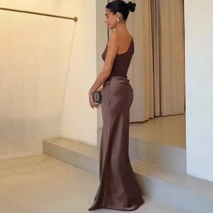 Patchwork Satin Sexy Dress Women One Shoulder Brown Sleeveless Evening Maxi Dress 2025 New Summer Elegant Party Clubwear Dresses