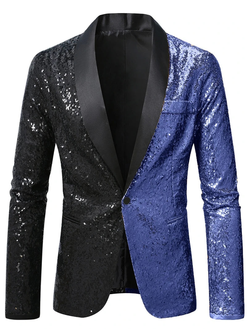 2026 Men's Suit Jacket, Shiny Sequin Stage Performance Coat, White Silver Blue Red Purple Blazers V-neck Single Button S-XXL