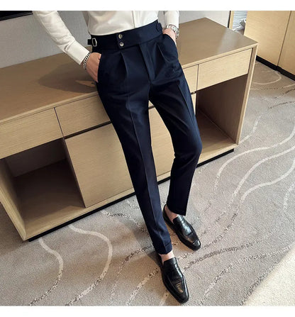 British Style Naples Solid Color High Waist Suit Pants High Quality Men Formal Business Social Party Wedding Casual Trousers