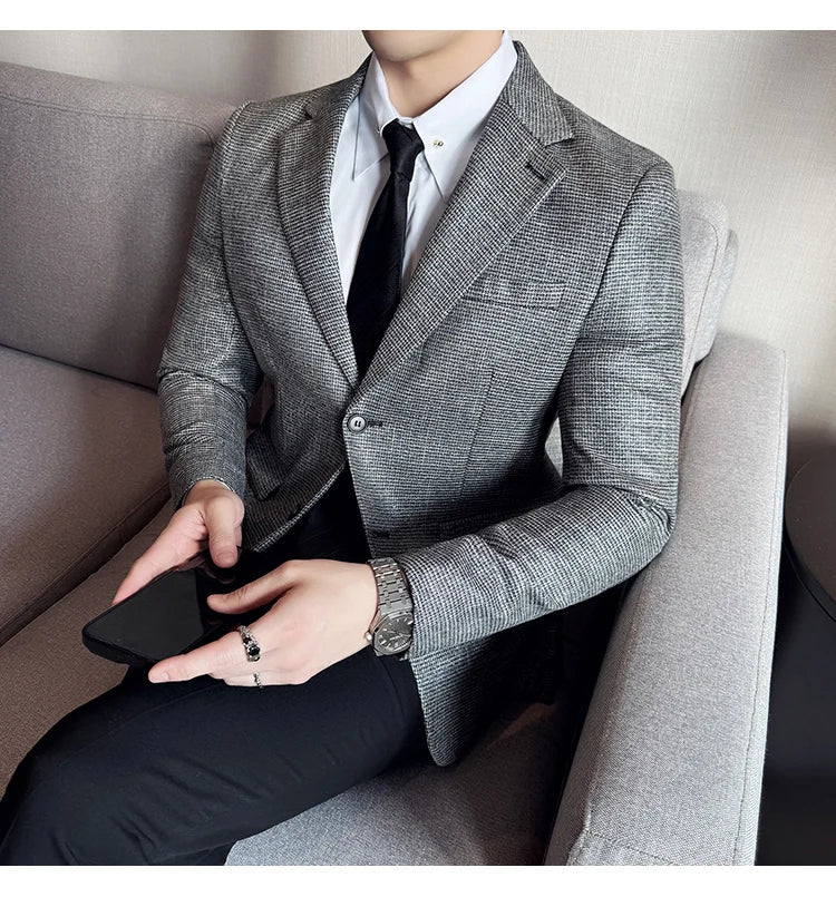 Bright Silk Thousand Bird Grid Suit Jacket Korean-style Business Fashion Slim Fit Single Breasted Men Social Party Dress Coats