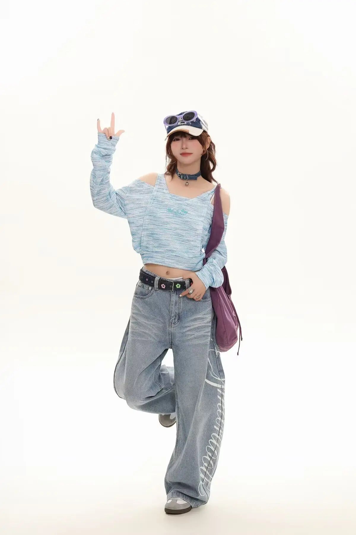 Blue Loose Wide Leg Jeans Women's Fashion High Waist Straight Cut Casual Trousers Autumn New Style Slimming Effect Cotton Pol...