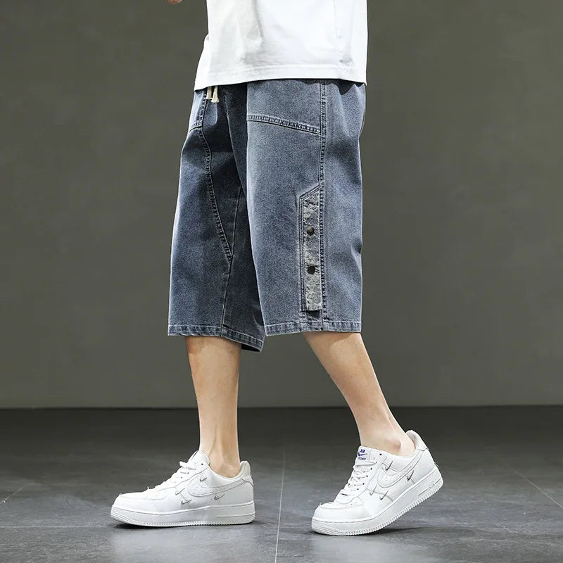 Korean Style Summer Men's Black Wide Leg Denim Shorts New Fashion Casual Baggy Short Jeans Male Plus Size 6XL 8XL YBR602