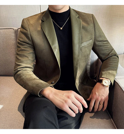 High Quality Deerskin Velvet Splicing Leather Collar Suit Blazers Men Casual Business Slim Coats Mens Social Wedding Clothing