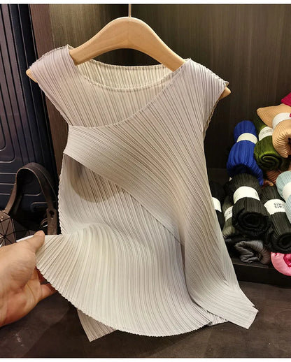 Sleeveless T-shirt Miyake Pleated Summer New Round Neck Slim Thin Versatile Irregular Women's Undershirt Tops Multiple Ways Wear
