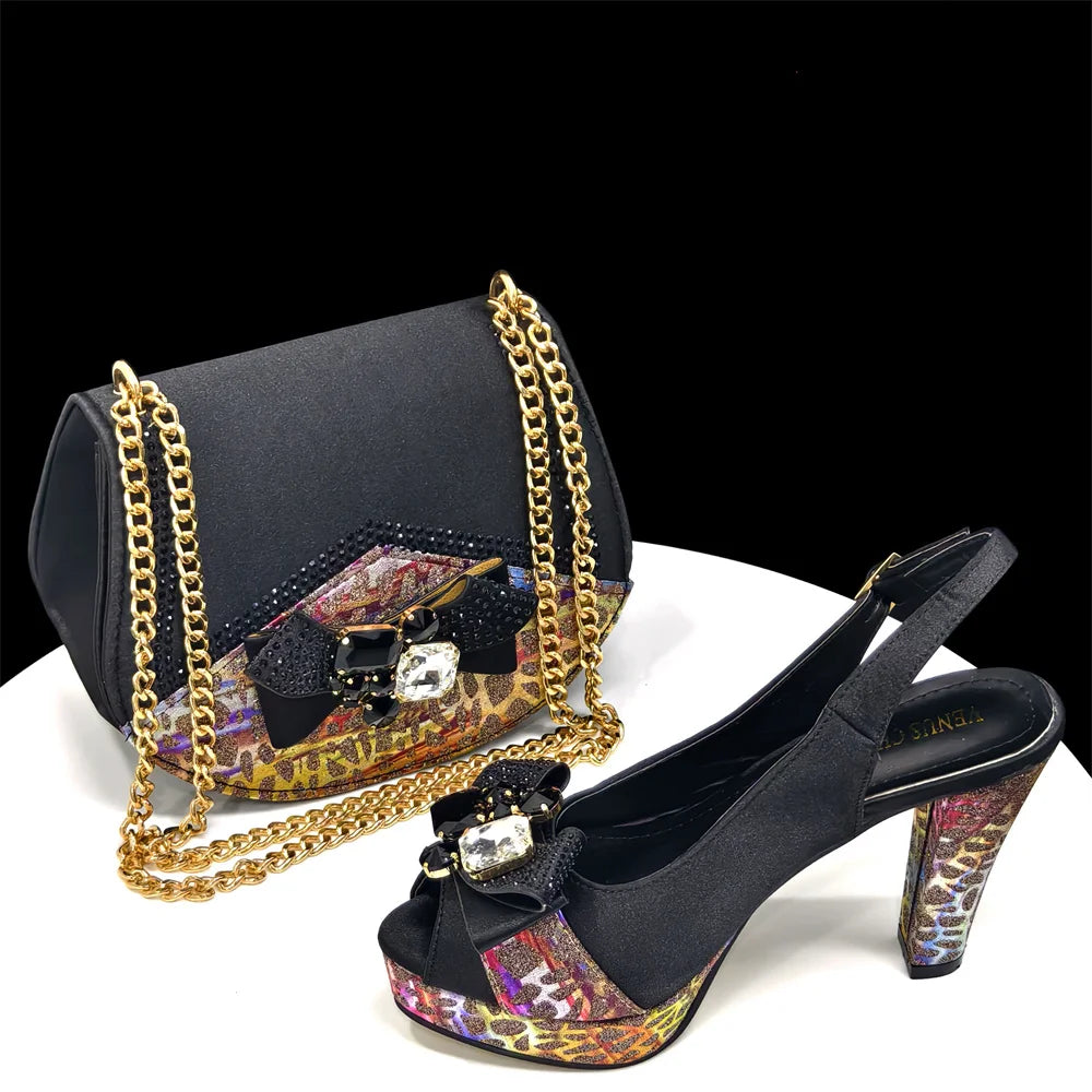 2024 Newest INS Style Black Color Elegant Women High Heels Nigeria Popular Designer African Ladies Shoes And Bag Set