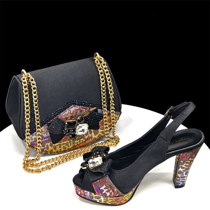 Shoes for Women High Heels INS Style Rhinestone Peep Toe Bow Gold Color New Italian Shoes and Bag for Party 2024
