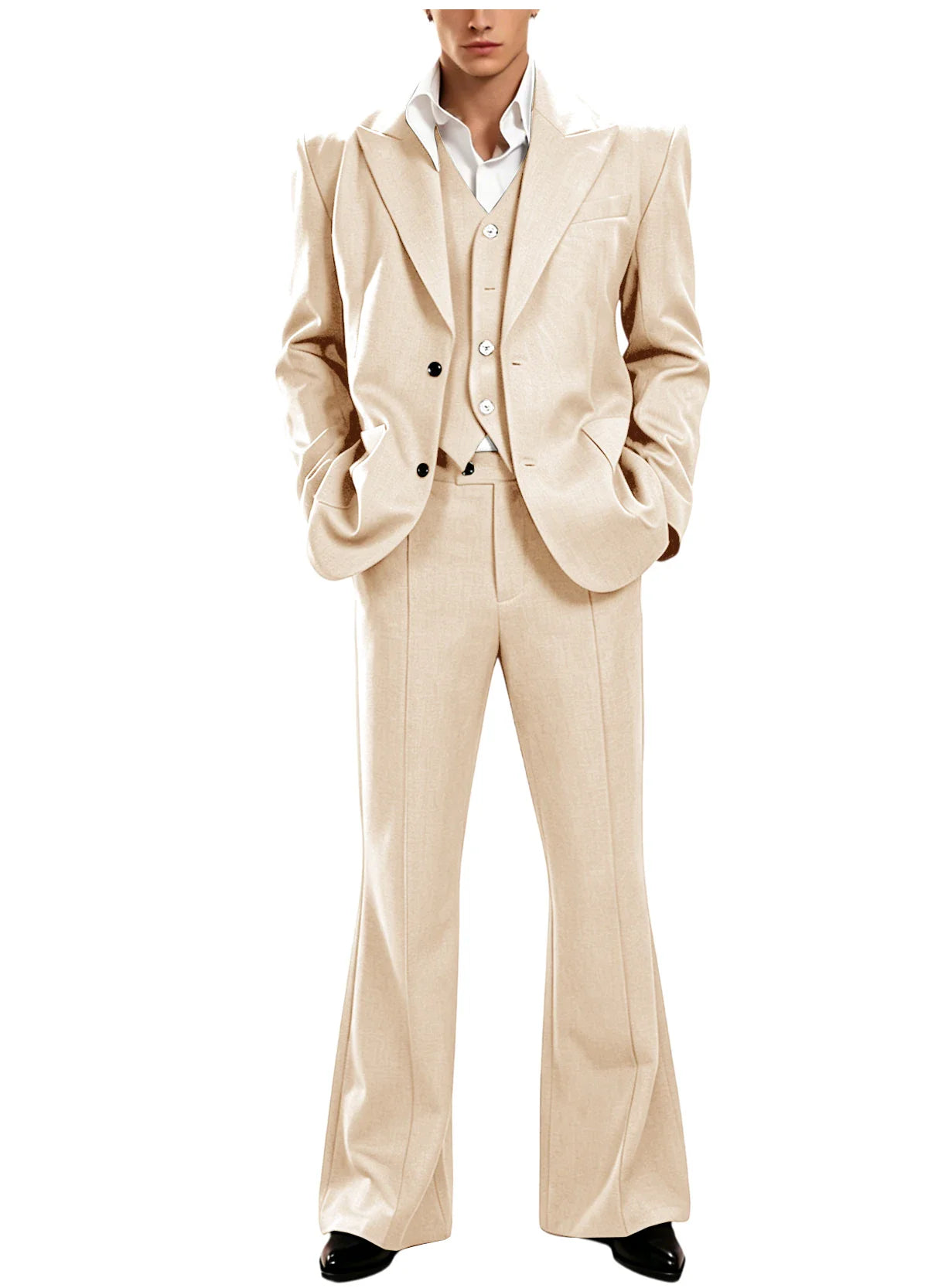 Vintage Men's 3 Piece Suit Set Peak Lapel Slim Fit 2 Button Double Breasted Blazer Vest Flared Pants for Formal Business Wedding