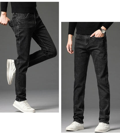 2025 Fall New Men's Cotton Stretch Slim Jeans Straight Version Business Fashion Denim Pants Vintage Blue Brand Trousers Black