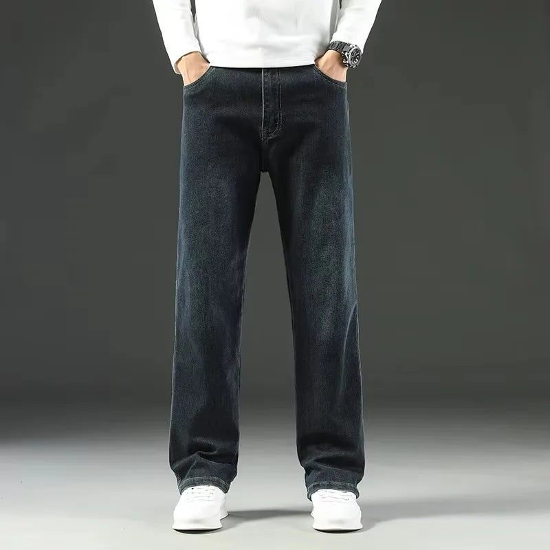 Autumn Winter  Brand New High Waist Jeans Classic Business Casual Office Men's Fashion Stretch Slim Denim Jeans Navy Blue