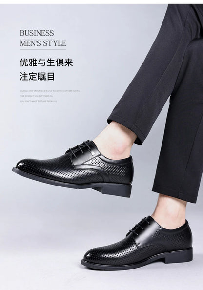 Mens Black Genuine Leather Perforated Metal Decor Lace Up Formal Business Office Breathable Summer Shoes Hollow Stylish Simple