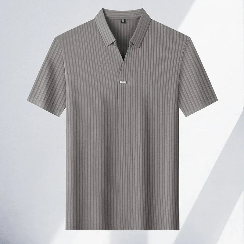 High quality personality texture stripe short sleeve polo shirt summer ice silk breathable buttonless men's solid color T-shirt