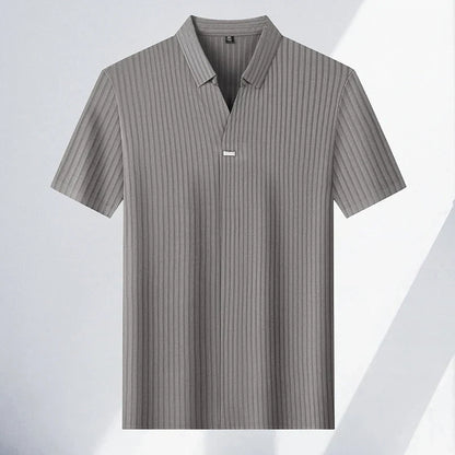 High quality personality texture stripe short sleeve polo shirt summer ice silk breathable buttonless men's solid color T-shirt