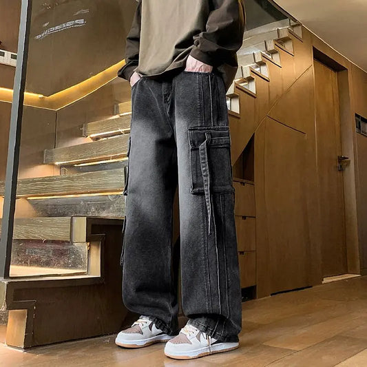 Autumn New Men's Loose Jeans Multi-pocket Work-wearing Jeans Street Hip-hop Straight Wide-leg Pants Baggy Dance Pants