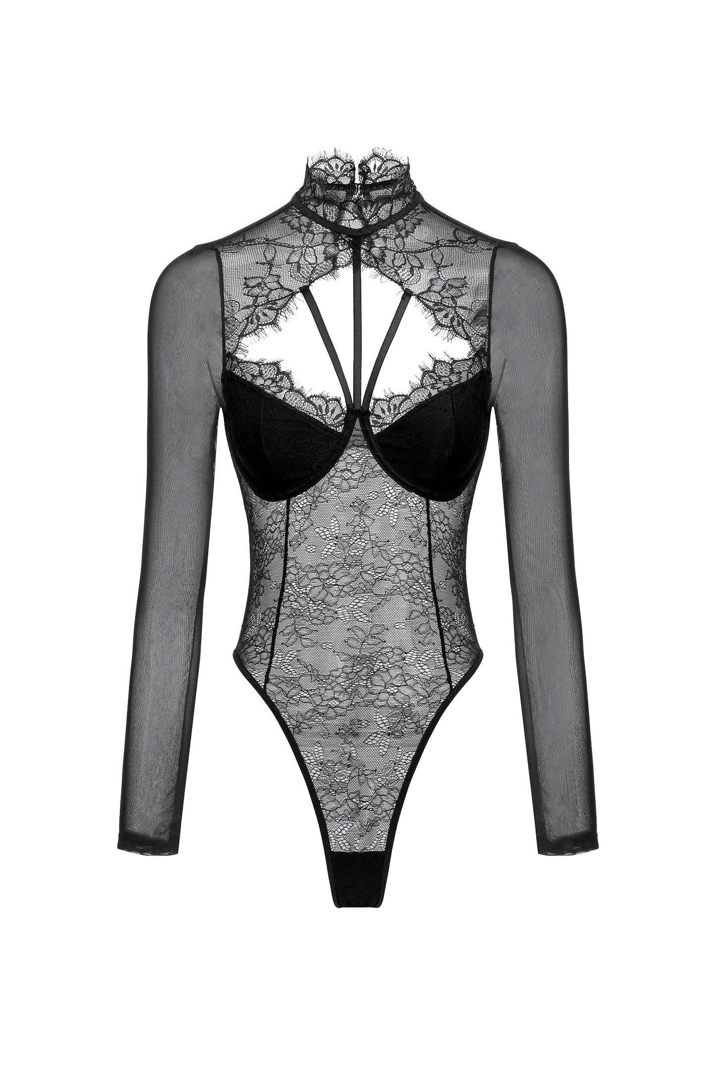 Sleek Fitted Bodice Sexy Lace See Through Long Sleeve Bodysuit Y2K Stretch Shirt Push Up Bra Padded Slim Top One-Pieces Lingerie