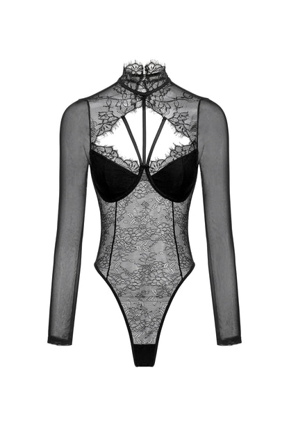 Sleek Fitted Bodice Sexy Lace See Through Long Sleeve Bodysuit Y2K Stretch Shirt Push Up Bra Padded Slim Top One-Pieces Lingerie