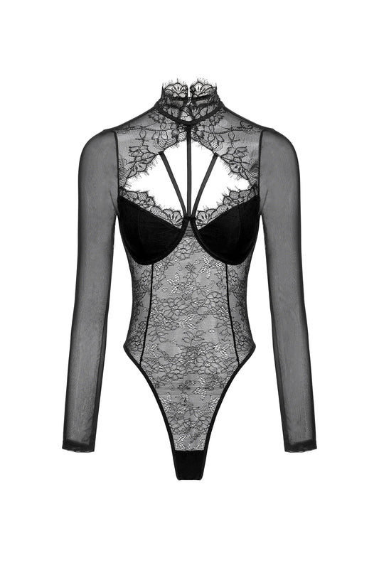Sleek Fitted Bodice Sexy Lace See Through Long Sleeve Bodysuit Y2K Stretch Shirt Push Up Bra Padded Slim Top One-Pieces Lingerie