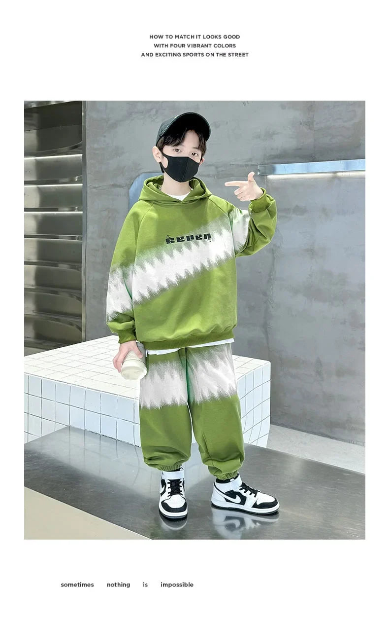 Spring Autumn Boys Contrast Tie Dye Workout Sweatshirt+Sweatpant Sets School Kids 2PCS Tracksuit Children Jogging Outfits 5-16Yr