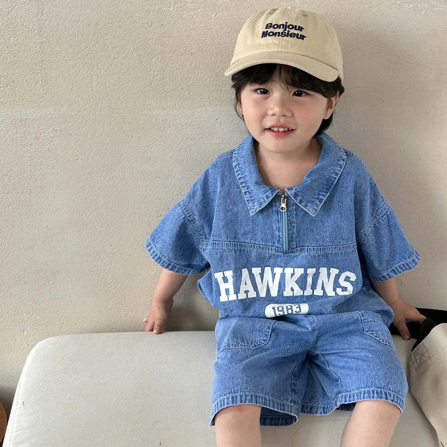 Summer Baby Girls Boys Cotton Alphabet Half Zip Denim T-Shirt Tops+Shorts Pant School Kids Tracksuit Child 2PCS Outfit 1-12Years