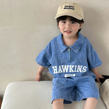 Summer Baby Girls Boys Cotton Alphabet Half Zip Denim T-Shirt Tops+Shorts Pant School Kids Tracksuit Child 2PCS Outfit 1-12Years